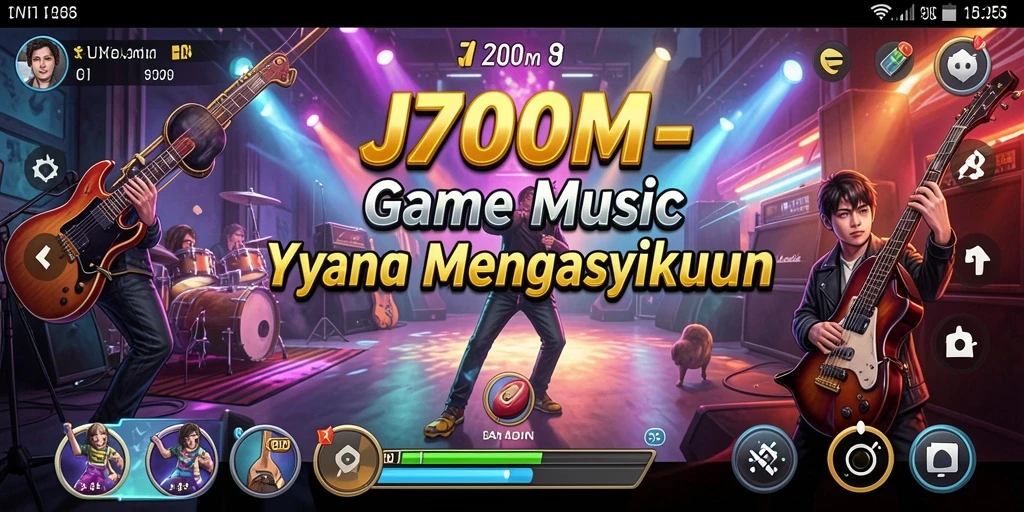 Tampilan gameplay J200M dengan berbagai tantangan musik yang menarik.
