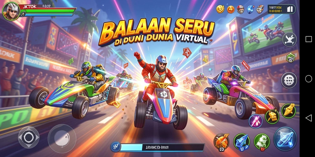 Tangkapan layar utama JKTOK yang menampilkan aksi balapan yang mendebarkan.