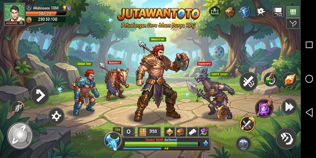 Screenshot utama JUTAWANTOTO menunjukkan pertarungan epik dan grafik menarik.